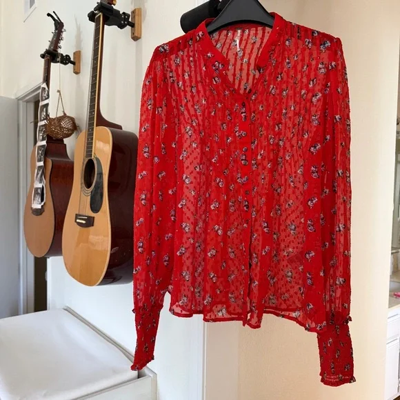 Free People Floral Sheer Red Blouse - Picture 7 of 9